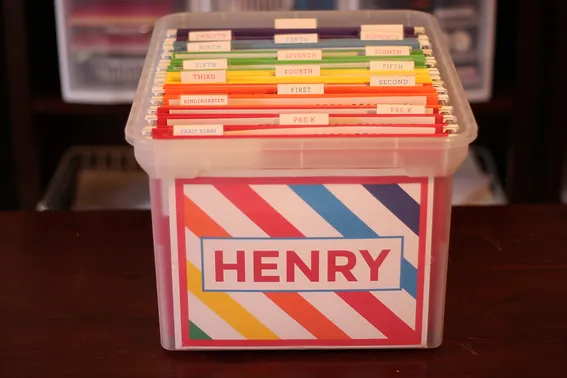 File box with "Henry" on the front