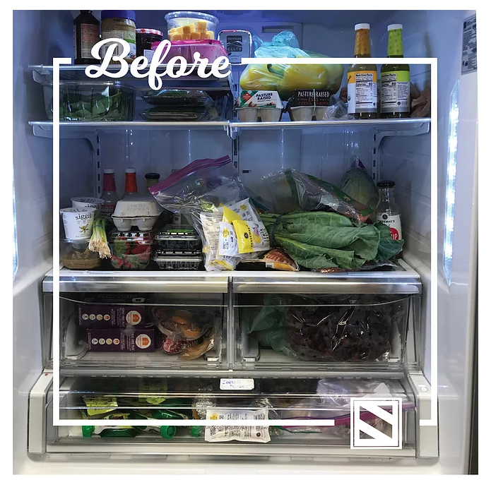 Cluttered and messy "Before" refrigerator