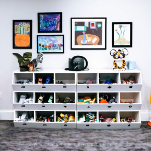 playroom with cubbies full of toys