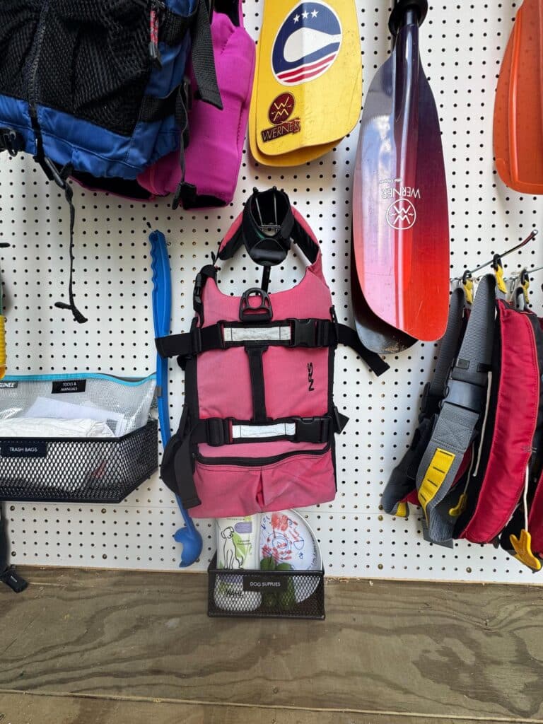 Life jackets, paddles, and other outdoor gear stored in a pegboard on a shed wall