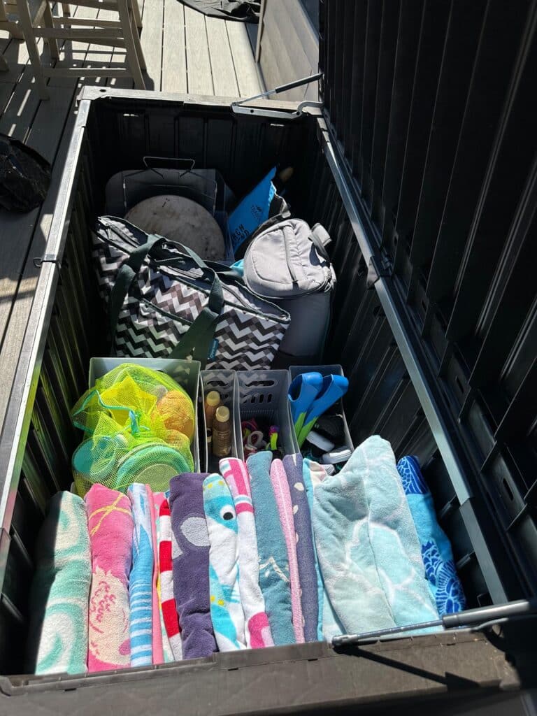 Deck box with towels and other outdoor stuff