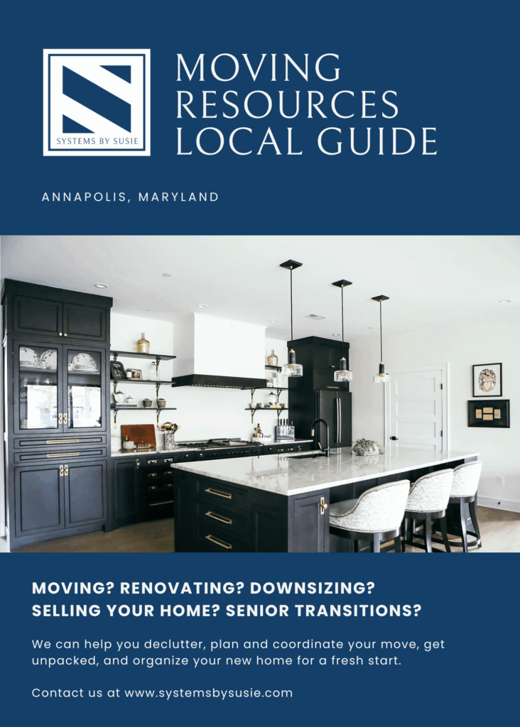 Cover page of: Local Moving Guide with Resources of where to Donate, Tips and Tricks in Annapolis Maryland and Anne Arundel County. 