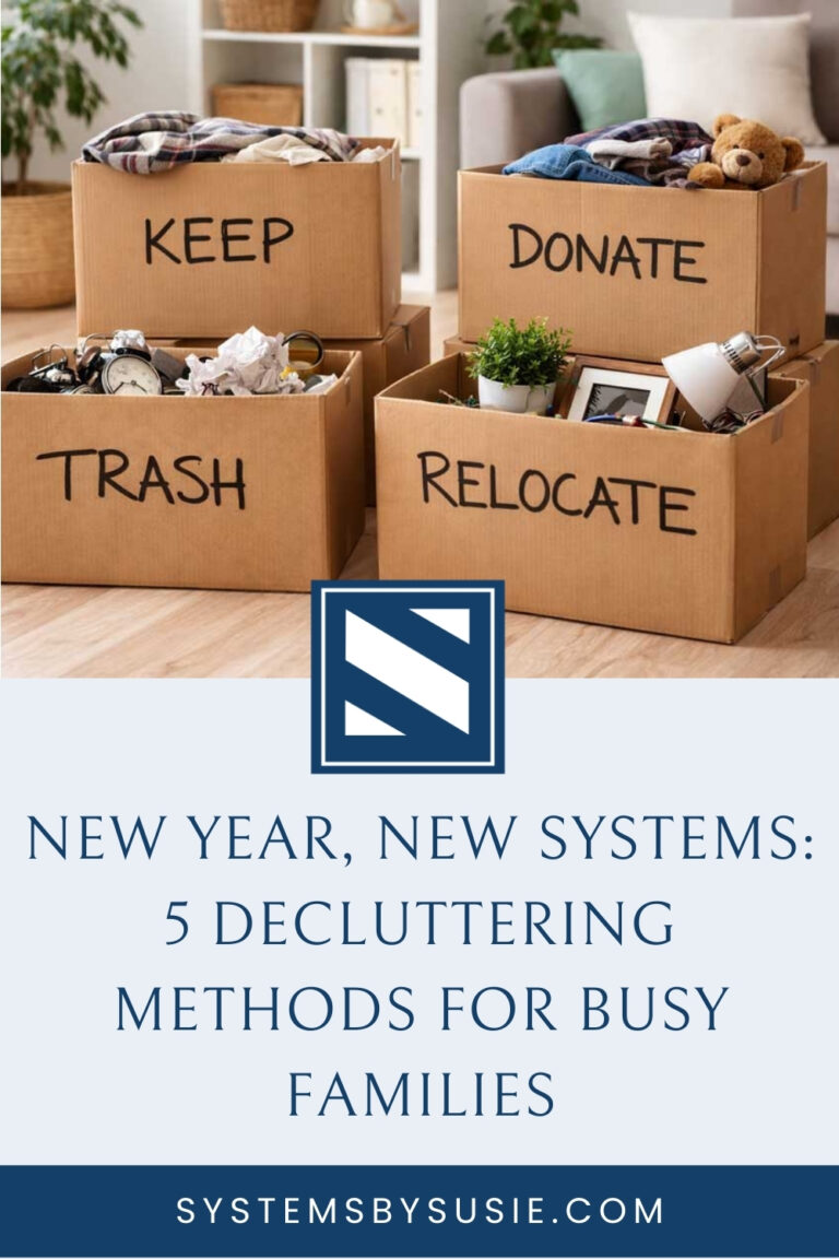 New Year, New Systems: 5 Decluttering Methods for Busy Families (boxes labeled KEEP, DONATE, TRASH, and RELOCATE to demonstrate a decluttering method)