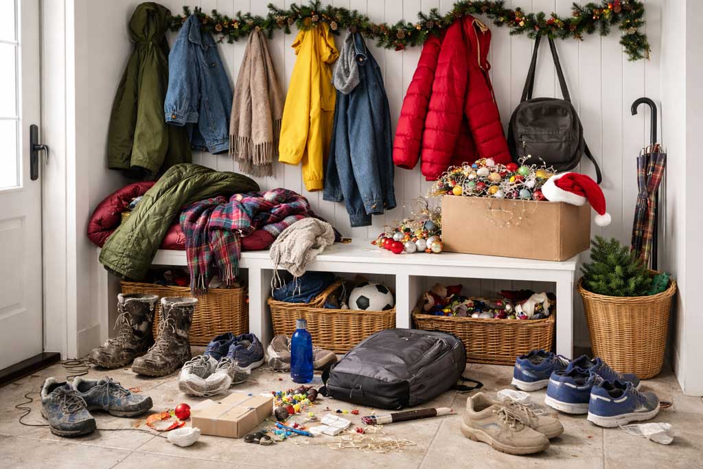 A messy mudroom in need of decluttering