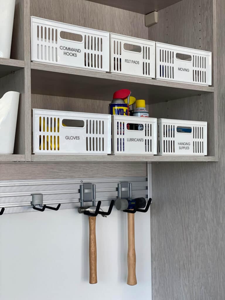 Bins with labels can help you find everything after you organize your garage