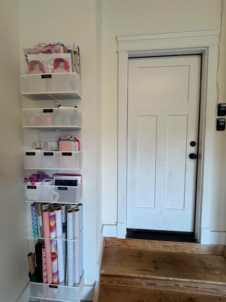 Organized gift wrapping area in a garage