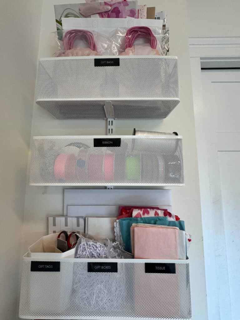 Organized gift wrapping area in a garage