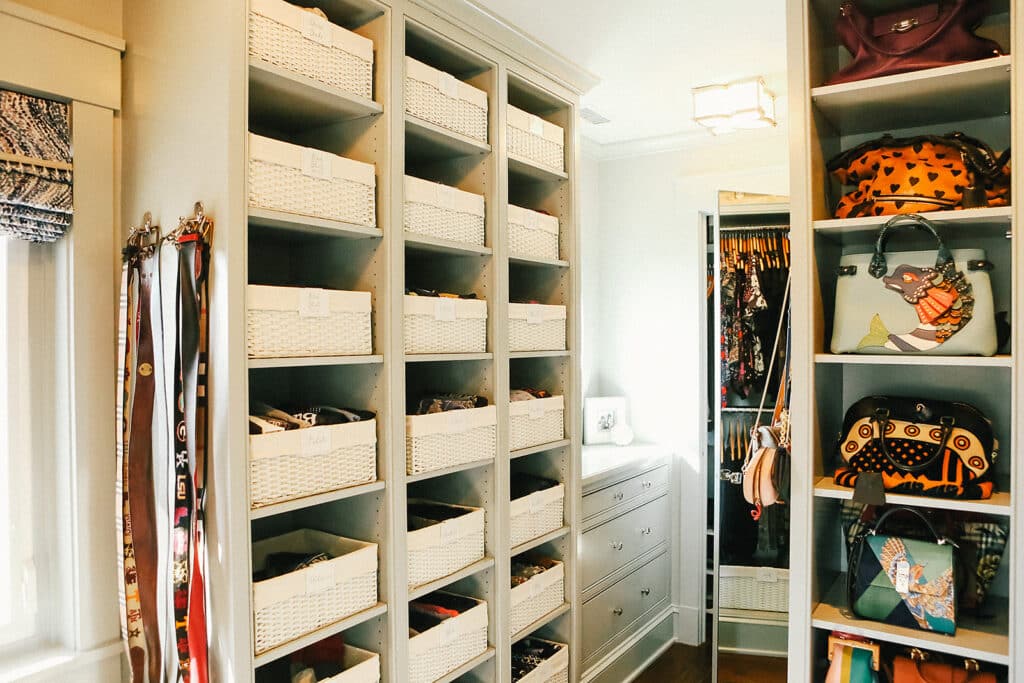 Closet with soft, fabric-lined baskets for storage