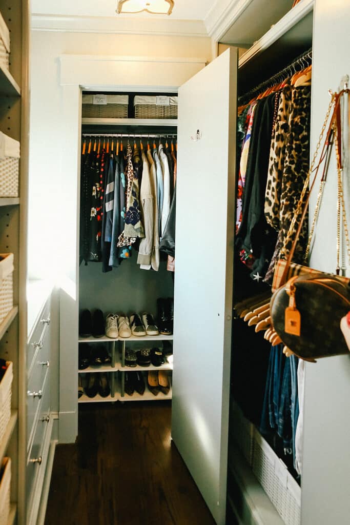 Organized closet with women's clothing