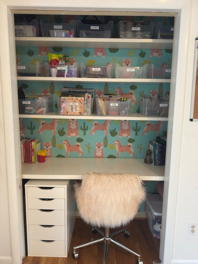 After: an organized closet with a desk