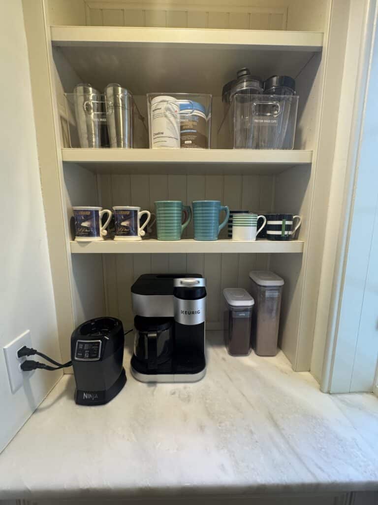 Coffee station with shelves above