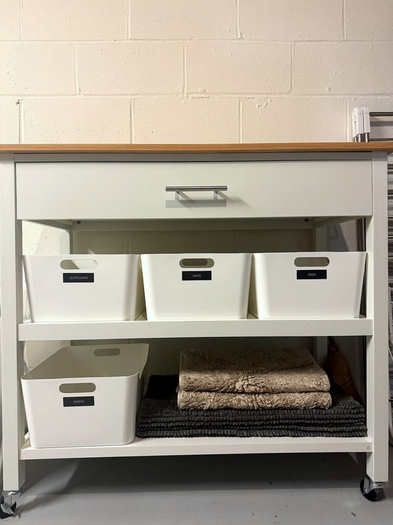 Rolling folding cart with butcher block top, labeled bins, and folded towels in a basement laundry room
