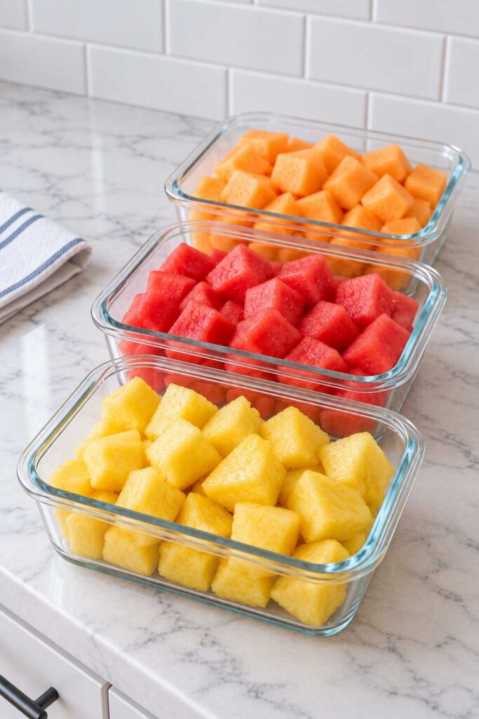 Cut up fruit in glass containers
