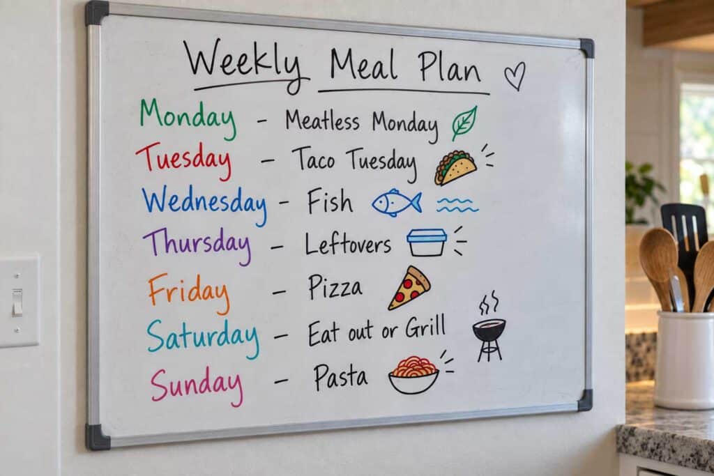 Weekly meal plan on a whiteboard in the kitchen