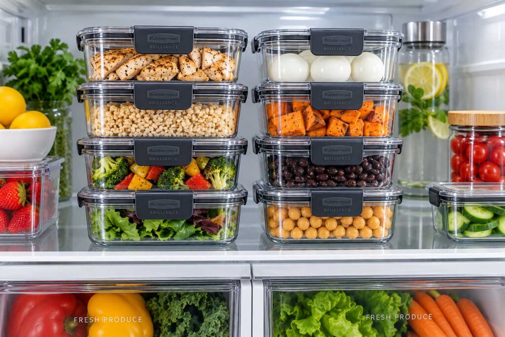 Rubbermaid Brilliance containers filled with food and stacked in the fridge
