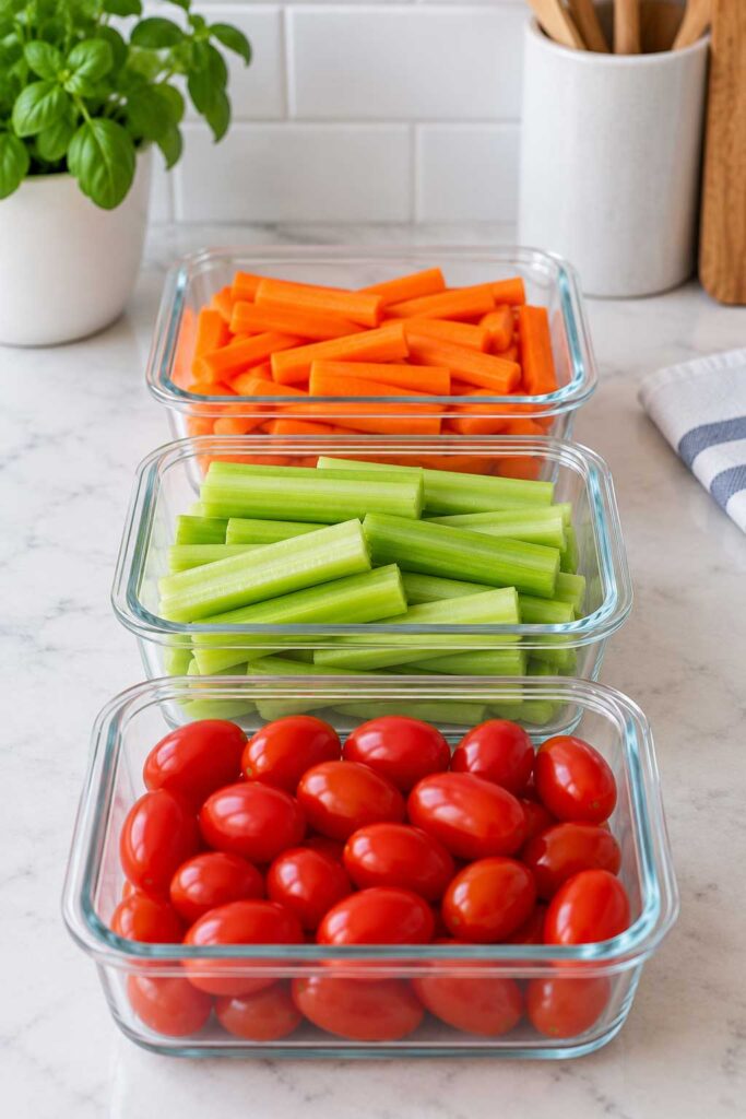 Cut up vegetables in glass containers